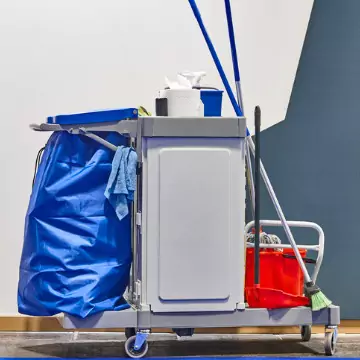 A cleaning supply cart is seen. Corporate Clean is a cleaning company in Dunlap IL.