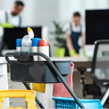 Cleaning equipment and cleaners are seen. Corporate Clean provides Office Cleaners in Morton IL.